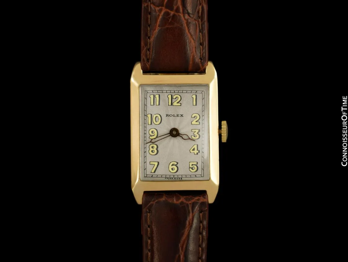 1927 Rolex Art Deco Vintage Mens Rectangular Watch - 9K Rose Gold