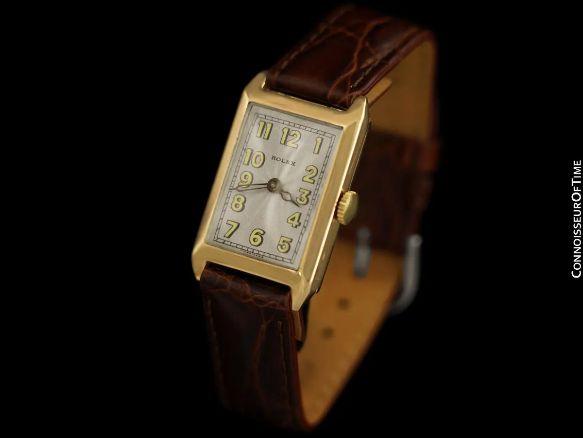 1927 Rolex Art Deco Vintage Mens Rectangular Watch - 9K Rose Gold