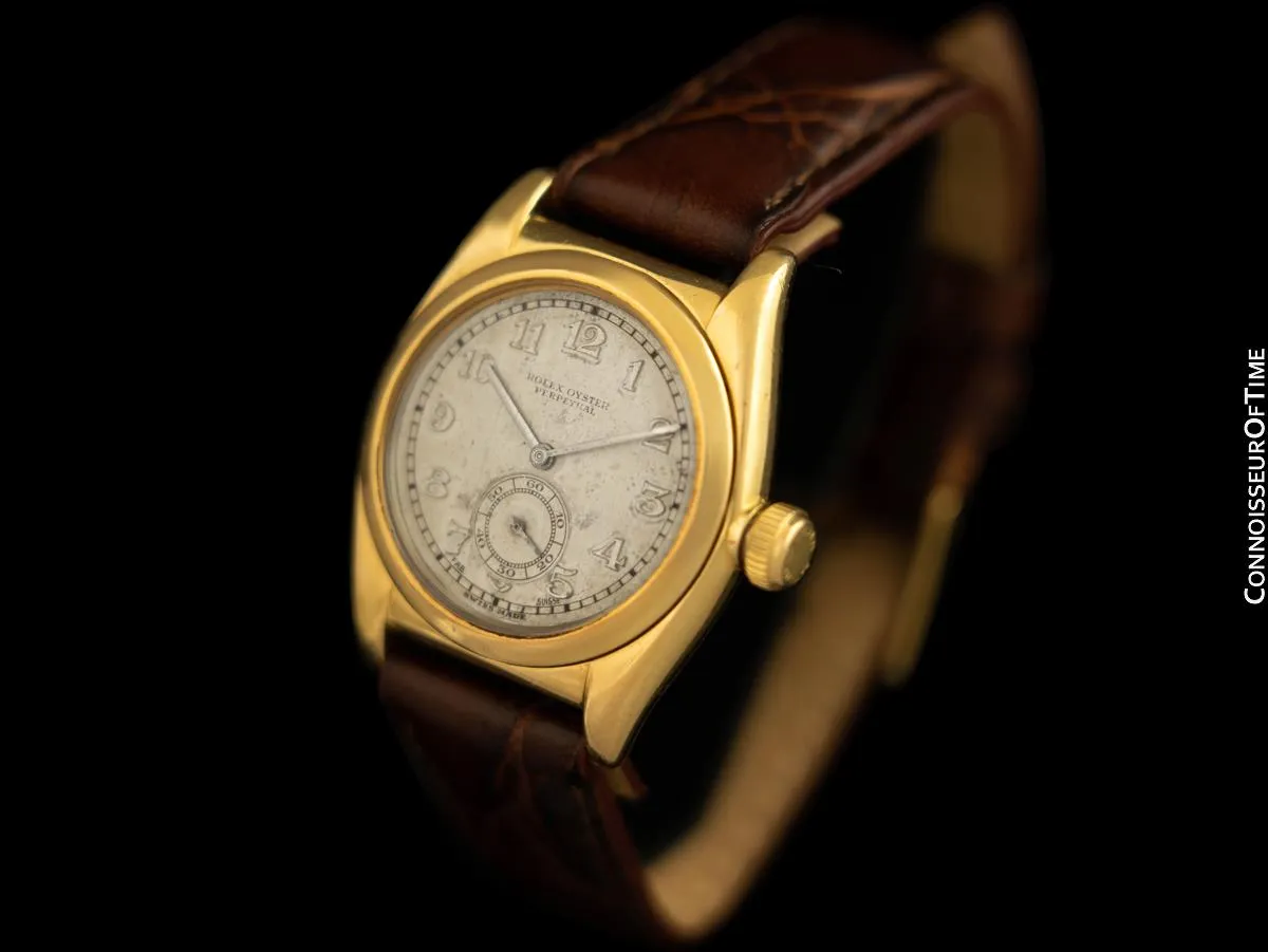 1933 Rolex Vintage Mens Oyster Perpetual Bubbleback 18K Gold Watch - Rare So-Called "Prototype"