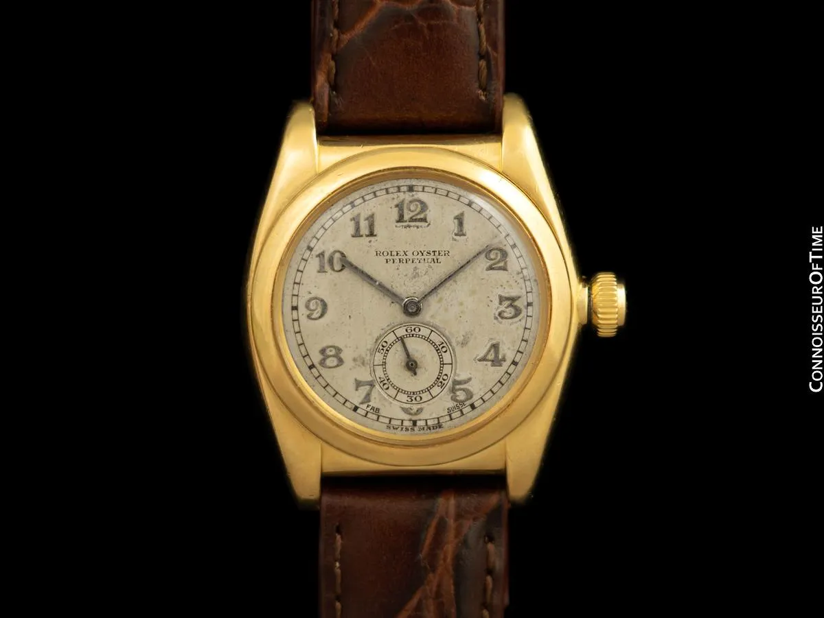 1933 Rolex Vintage Mens Oyster Perpetual Bubbleback 18K Gold Watch - Rare So-Called "Prototype"