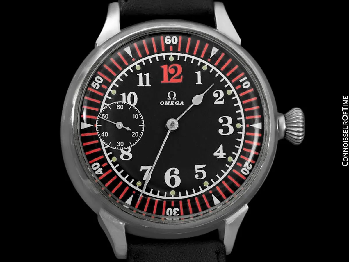 1937 Omega Vintage Mens Antique Pocket Watch Conversion to Extra Large Pilots 48mm Wristwatch - Nickel