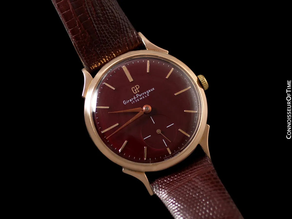 1960's Girard Perregaux Vintage Large 37mm Mens Wine Dial Dress Watch - 18K Rose Gold