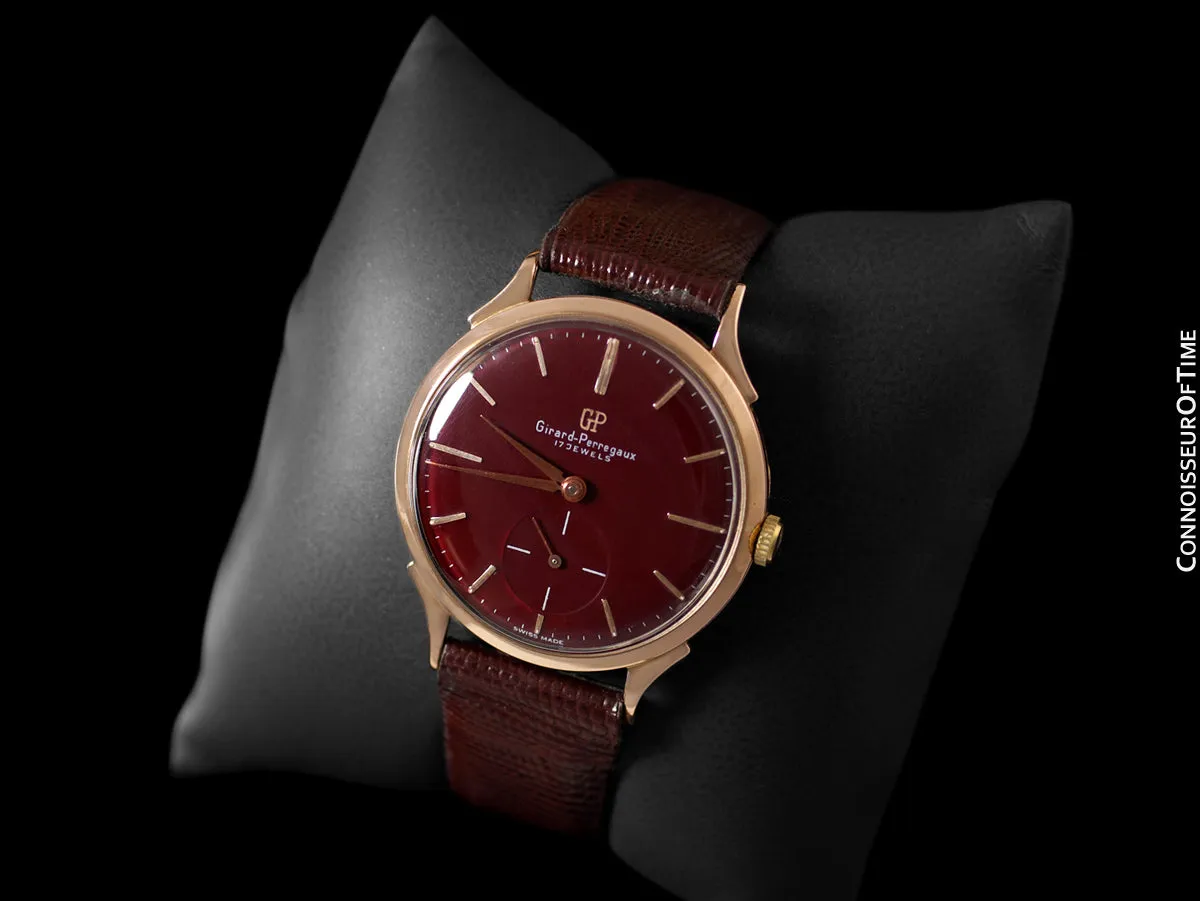 1960's Girard Perregaux Vintage Large 37mm Mens Wine Dial Dress Watch - 18K Rose Gold