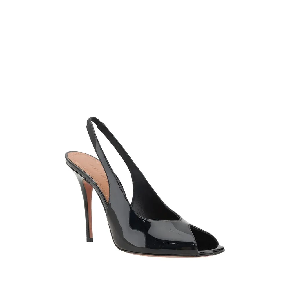 Amina Muaddi Kristina Women Black Sandals Patent Leather Slingback Heels Shoes