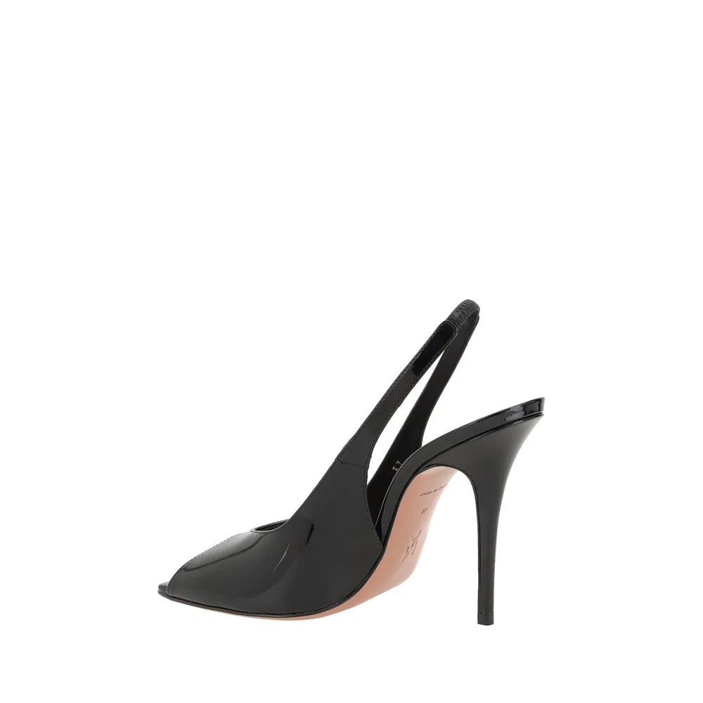 Amina Muaddi Kristina Women Black Sandals Patent Leather Slingback Heels Shoes