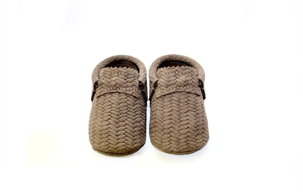 Basketweave Taupe Moccs-