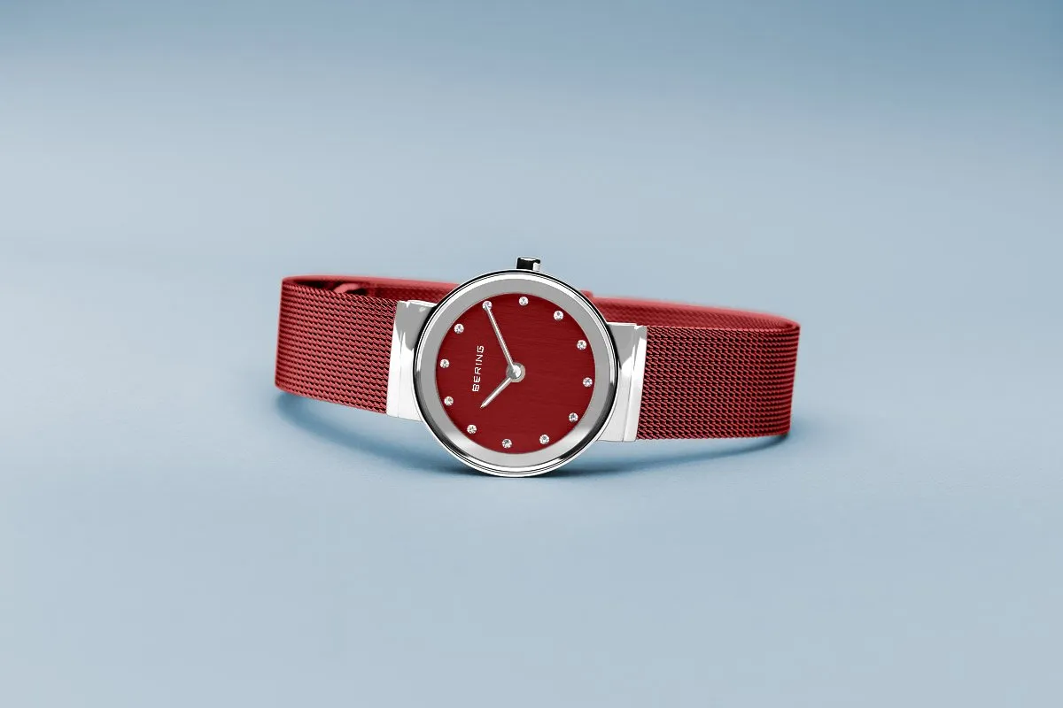 BERING Classic 26mm Polished Silver Milanese Strap Red Women's Watch 10126-303