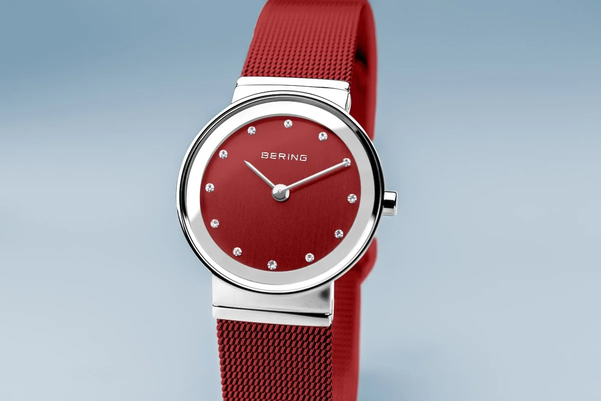 BERING Classic 26mm Polished Silver Milanese Strap Red Women's Watch 10126-303