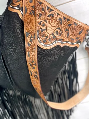 Black Canyon Leather and Suede Brocade Crossbody Purse
