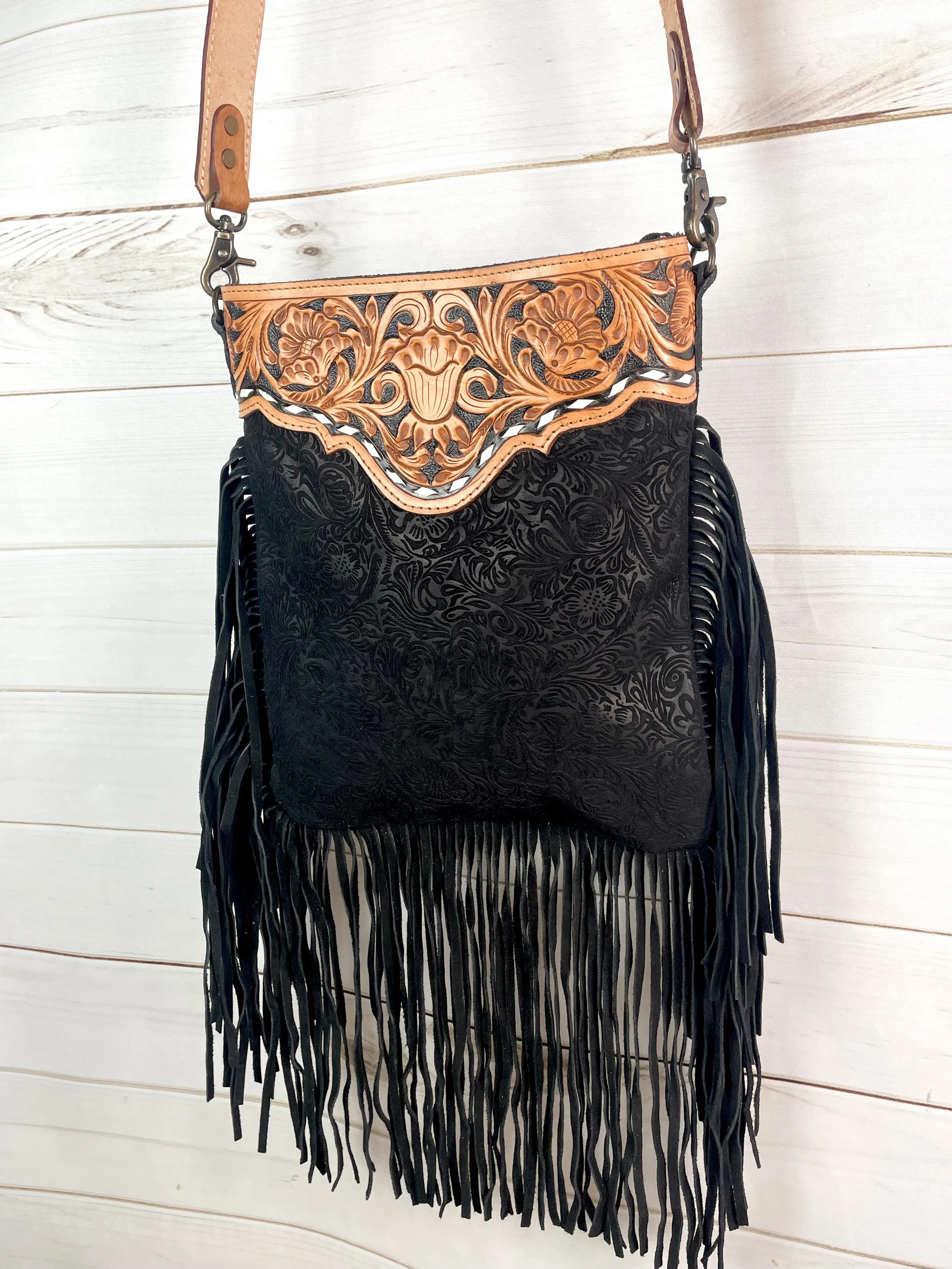 Black Canyon Leather and Suede Brocade Crossbody Purse