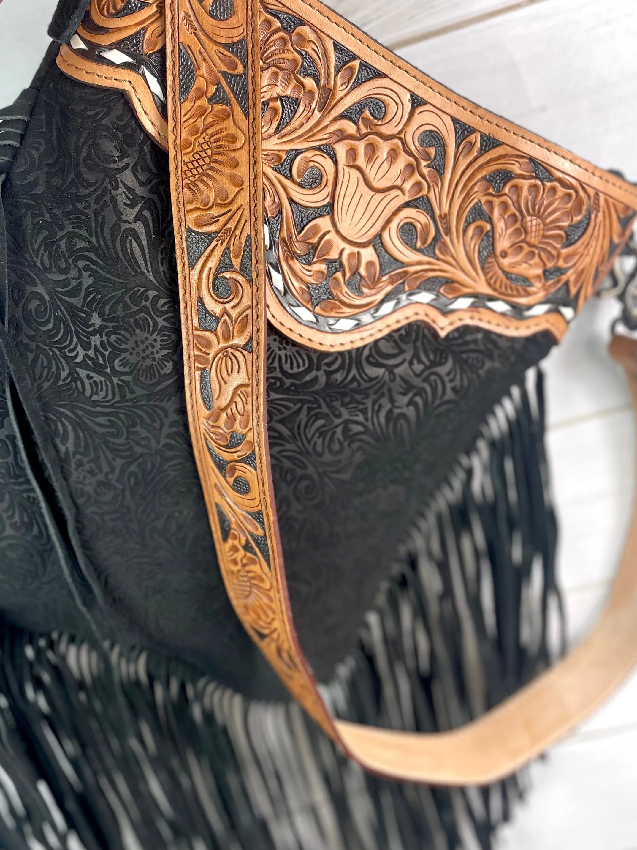 Black Canyon Leather and Suede Brocade Crossbody Purse