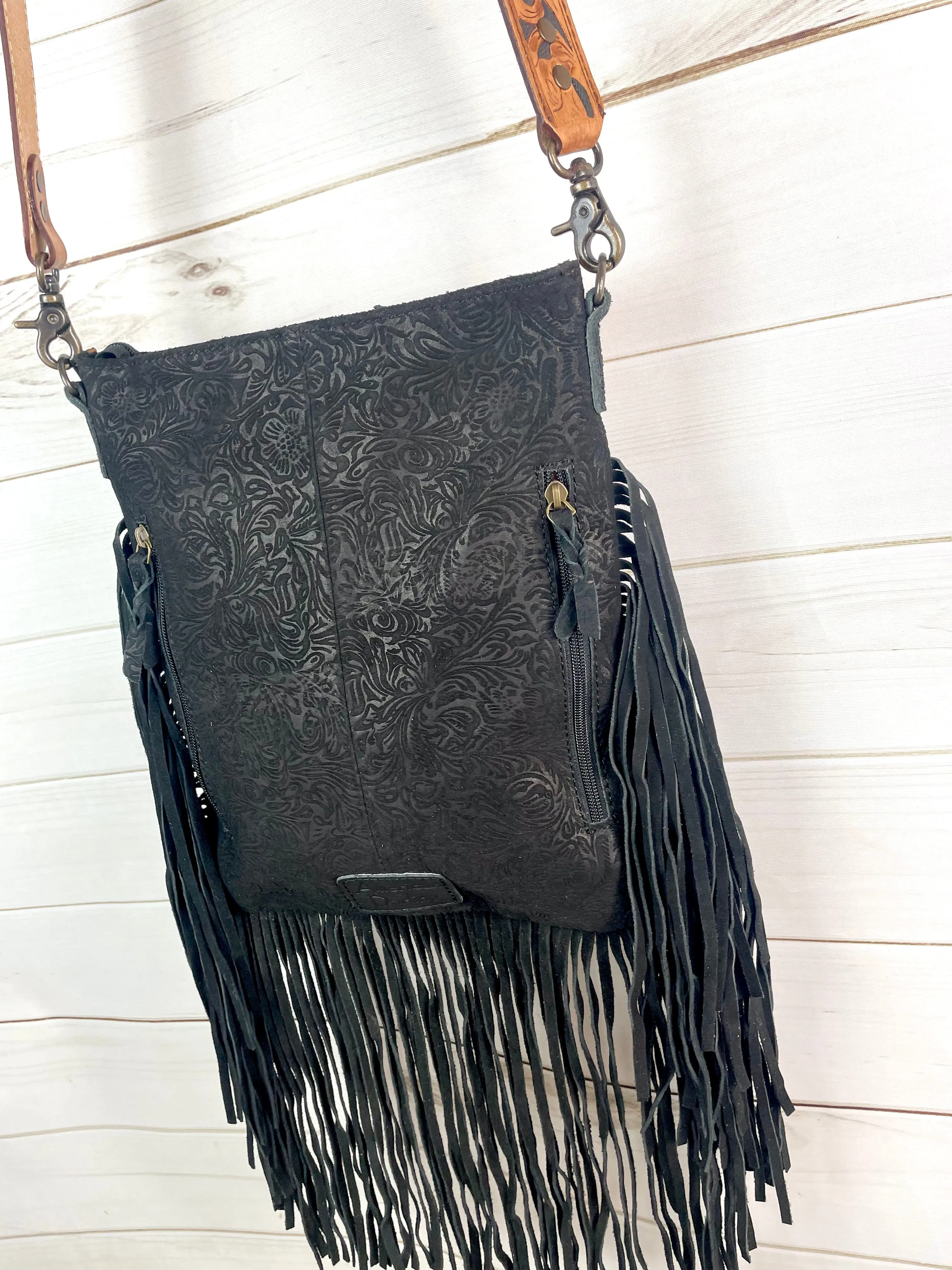 Black Canyon Leather and Suede Brocade Crossbody Purse