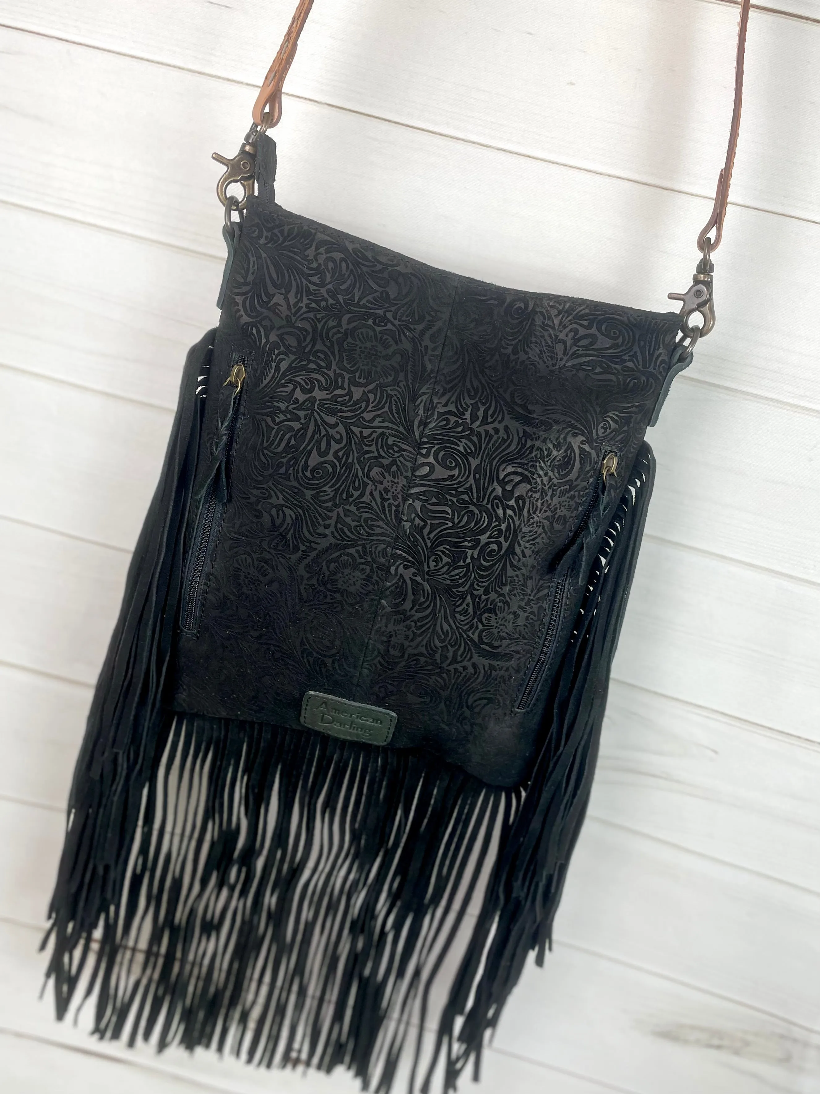 Black Canyon Leather and Suede Brocade Crossbody Purse