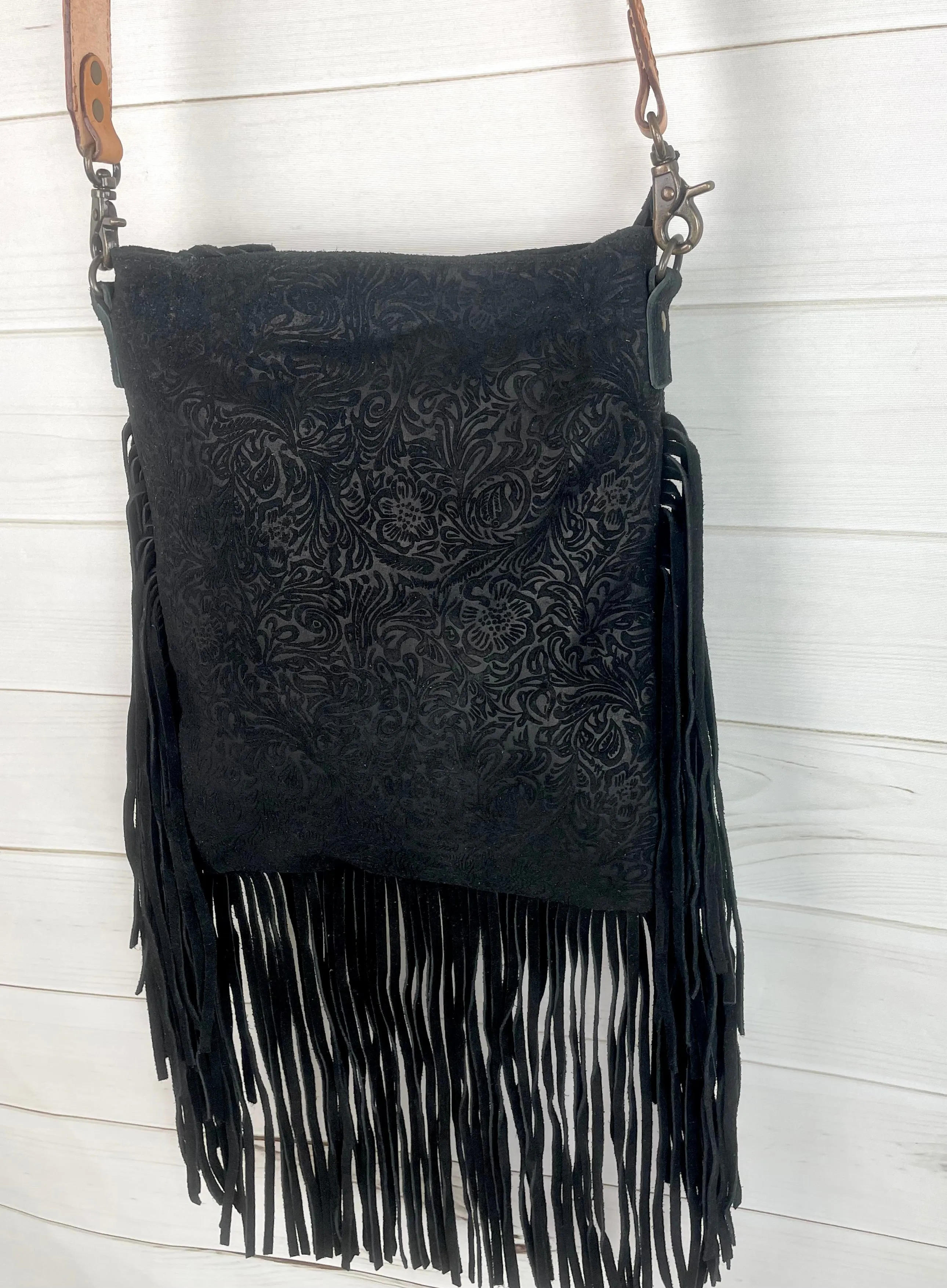 Black Canyon Leather and Suede Brocade Crossbody Purse