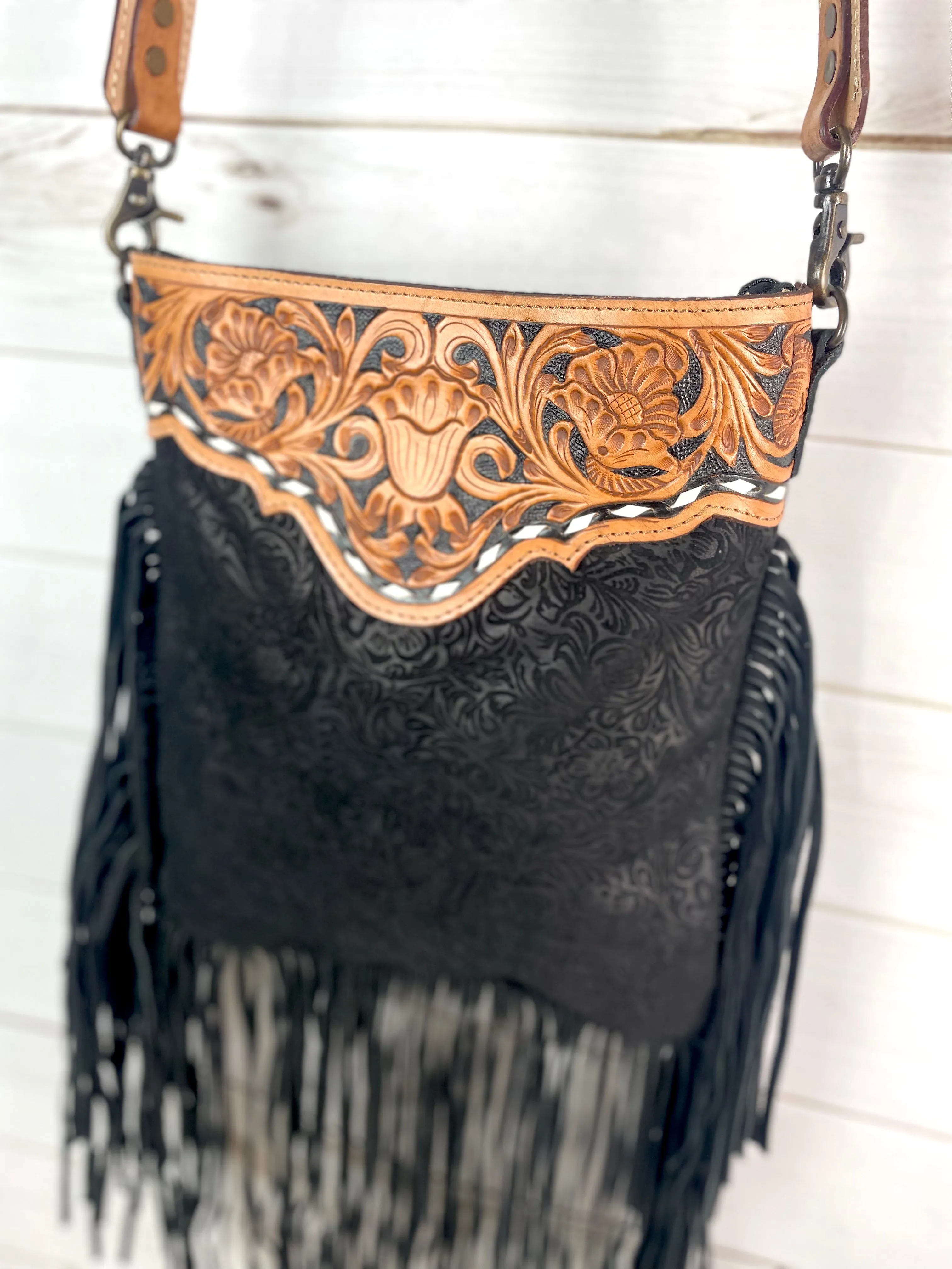 Black Canyon Leather and Suede Brocade Crossbody Purse
