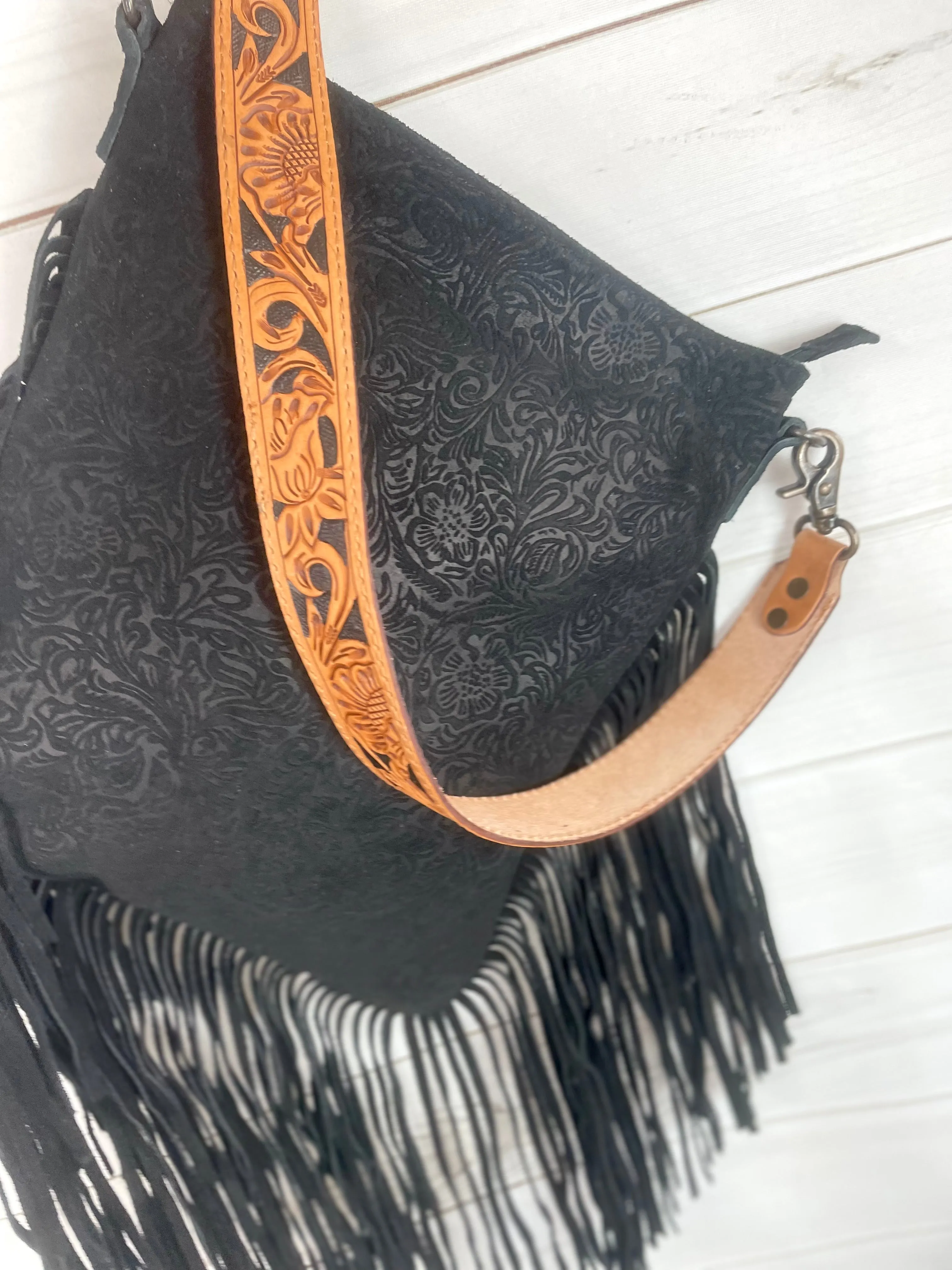 Black Canyon Leather and Suede Brocade Crossbody Purse