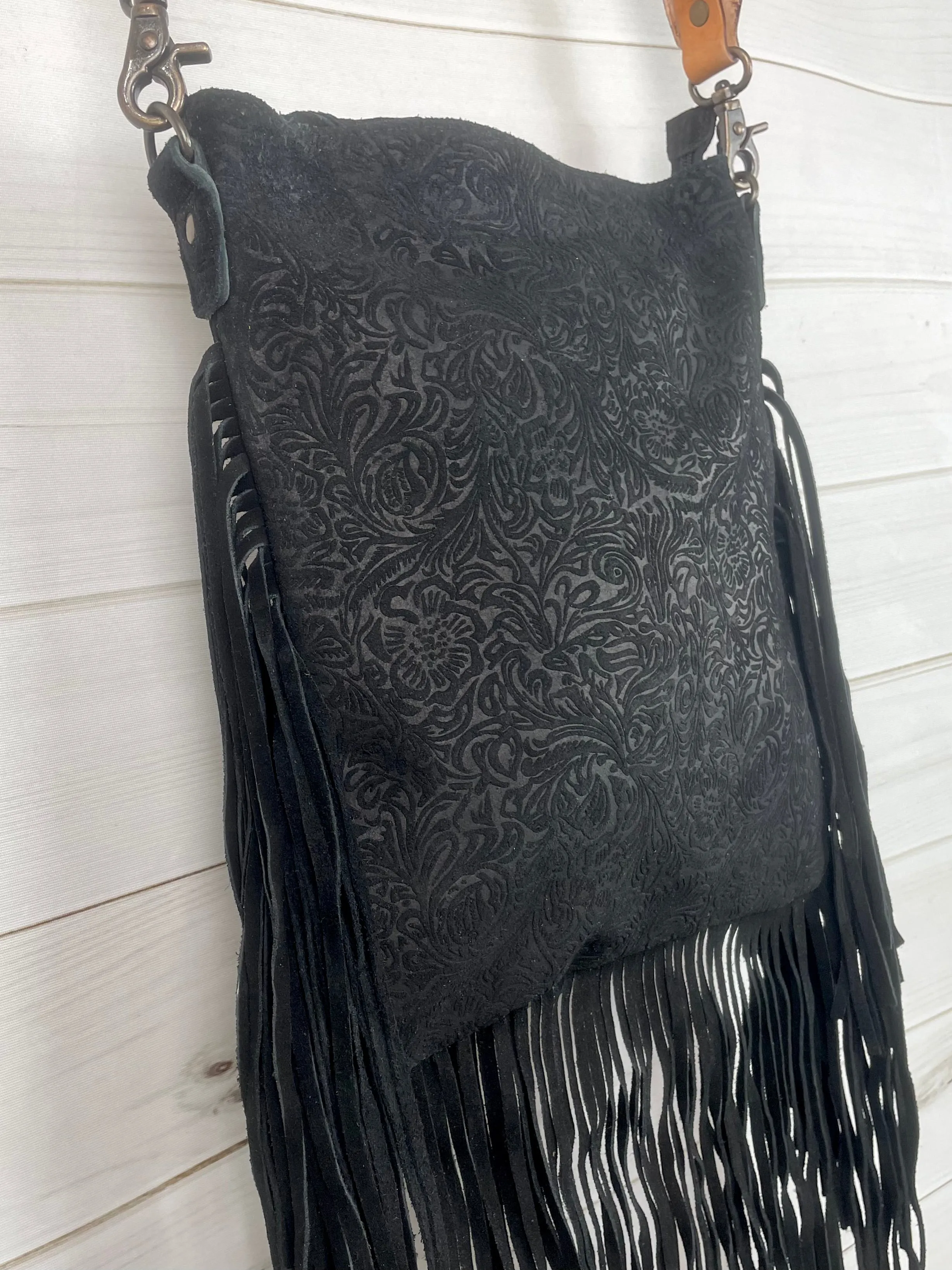 Black Canyon Leather and Suede Brocade Crossbody Purse