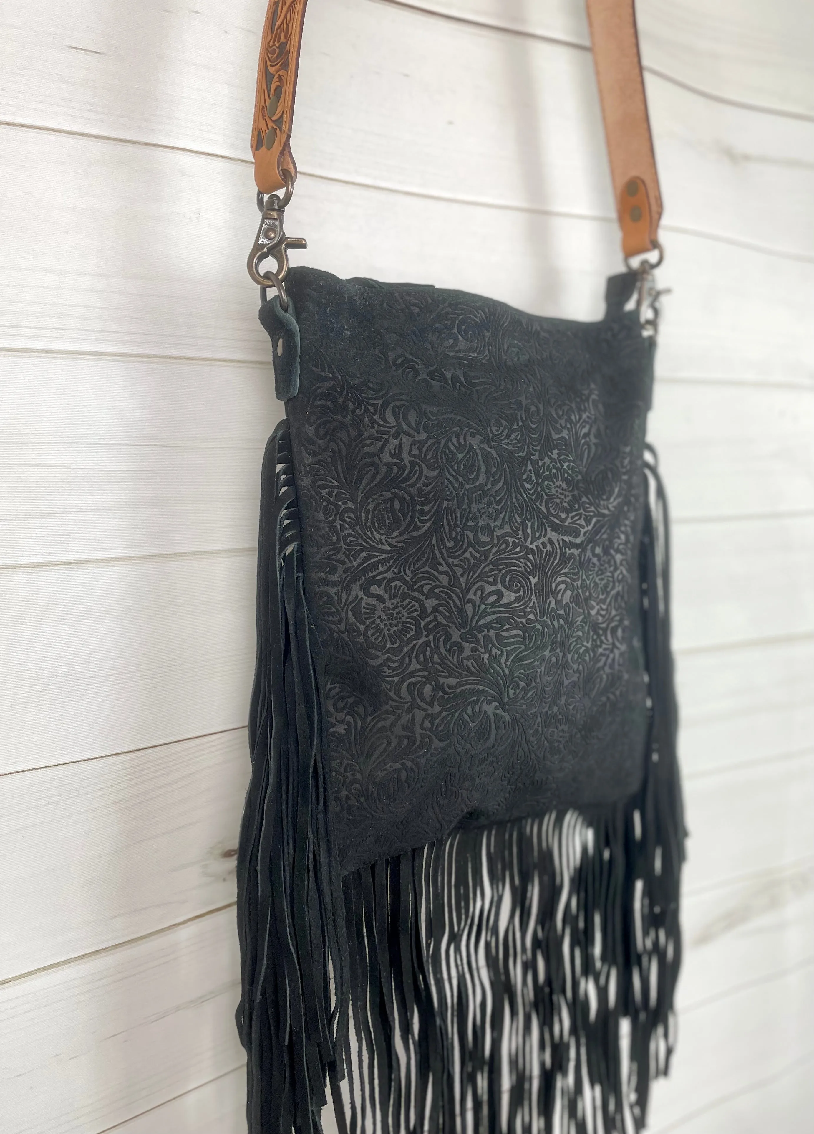 Black Canyon Leather and Suede Brocade Crossbody Purse