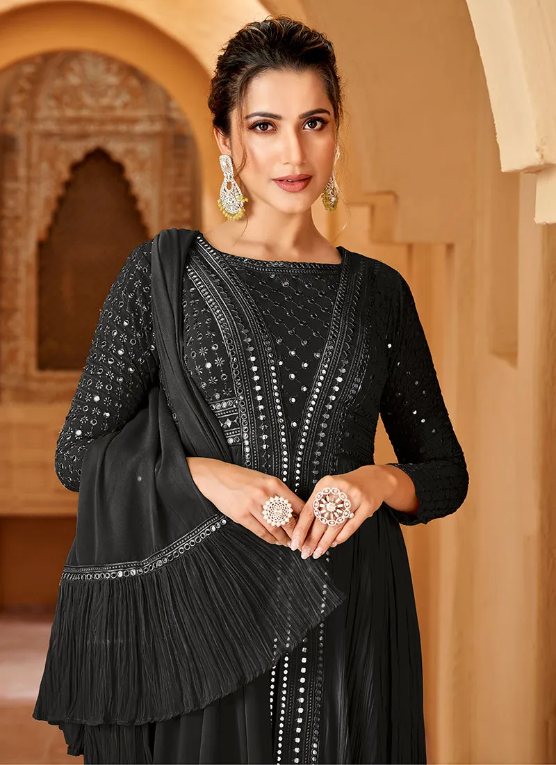 Black Mirror Work Embroidery Slit Style Anarkali Suit