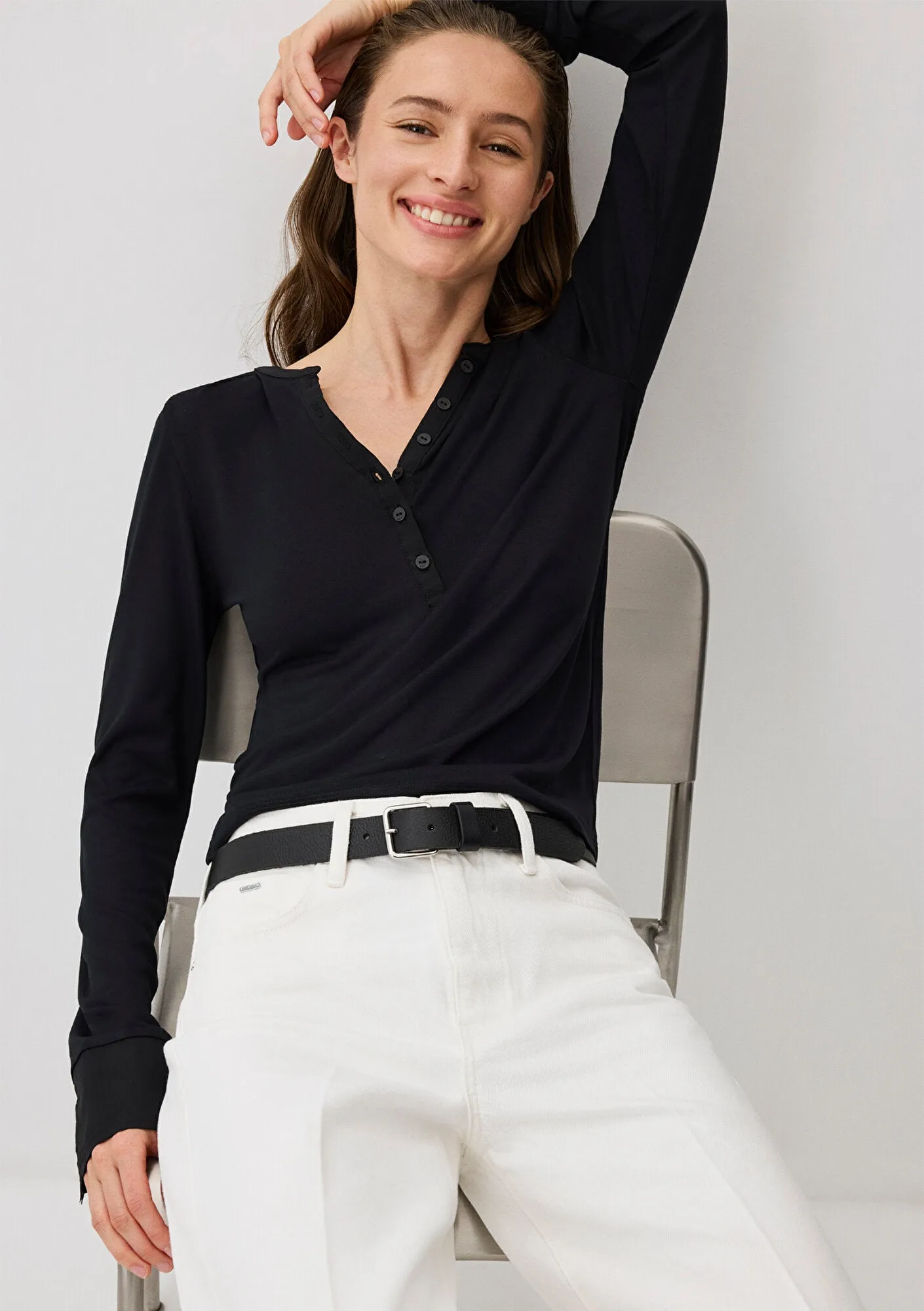 Black Modal Blend Long-Sleeve Basic T-Shirt
