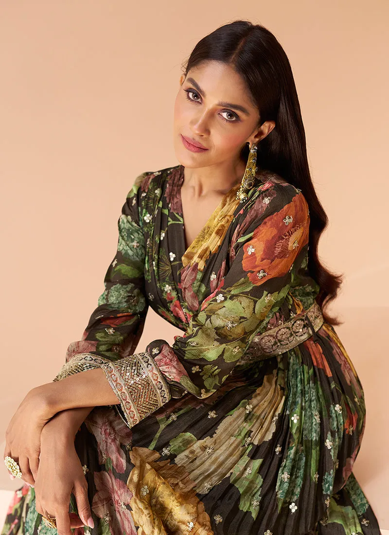 Black Multi Embroidered Printed Anarkali Gown