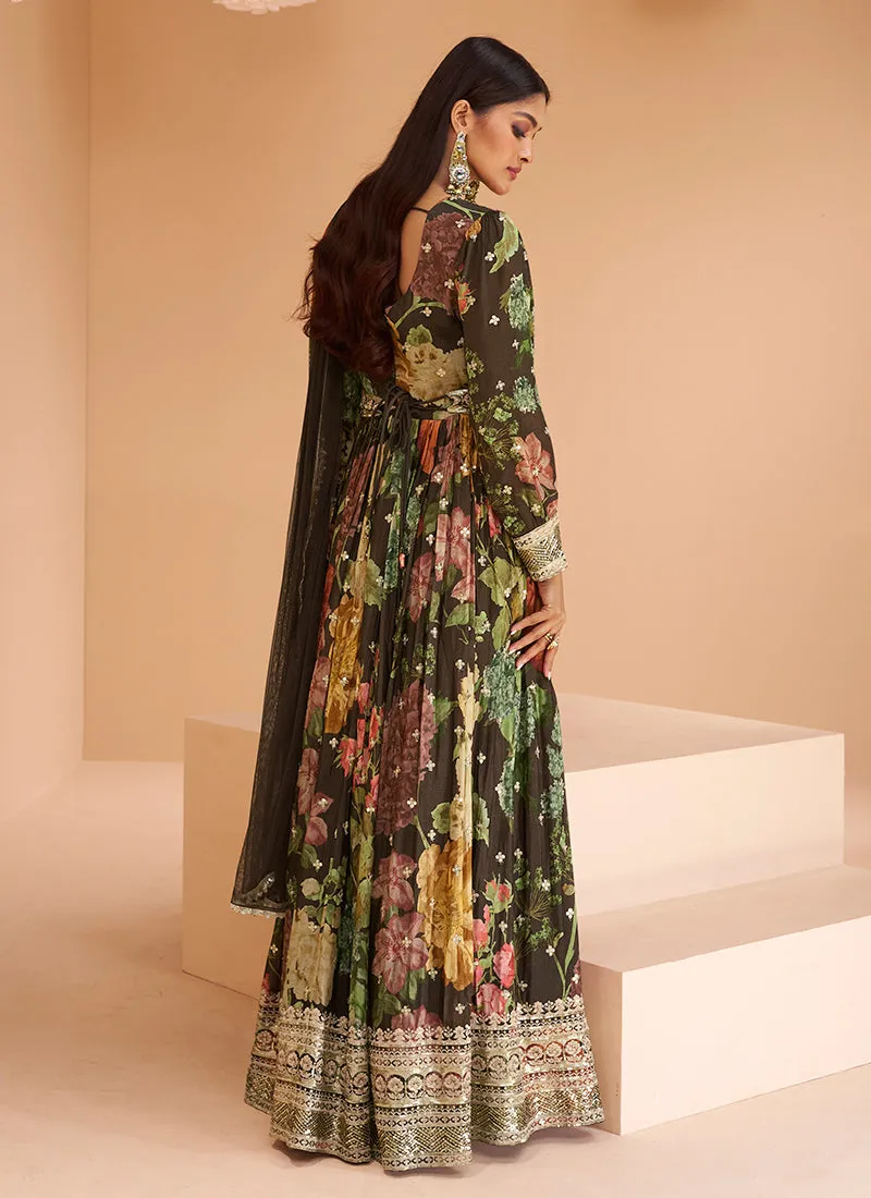Black Multi Embroidered Printed Anarkali Gown