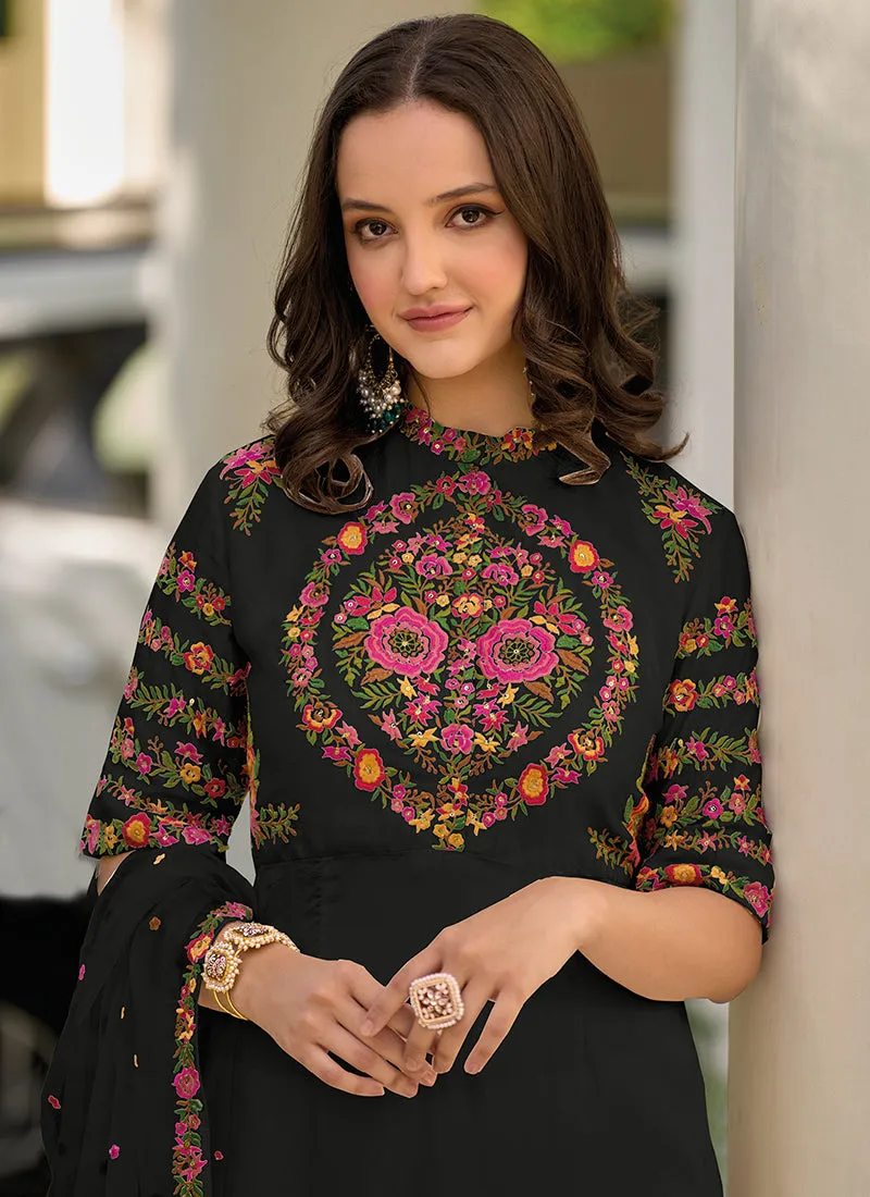 Black Multi Sequence Embroidery Traditional Pant Suit