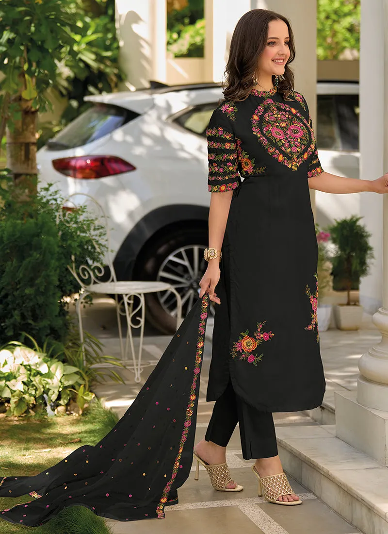 Black Multi Sequence Embroidery Traditional Pant Suit