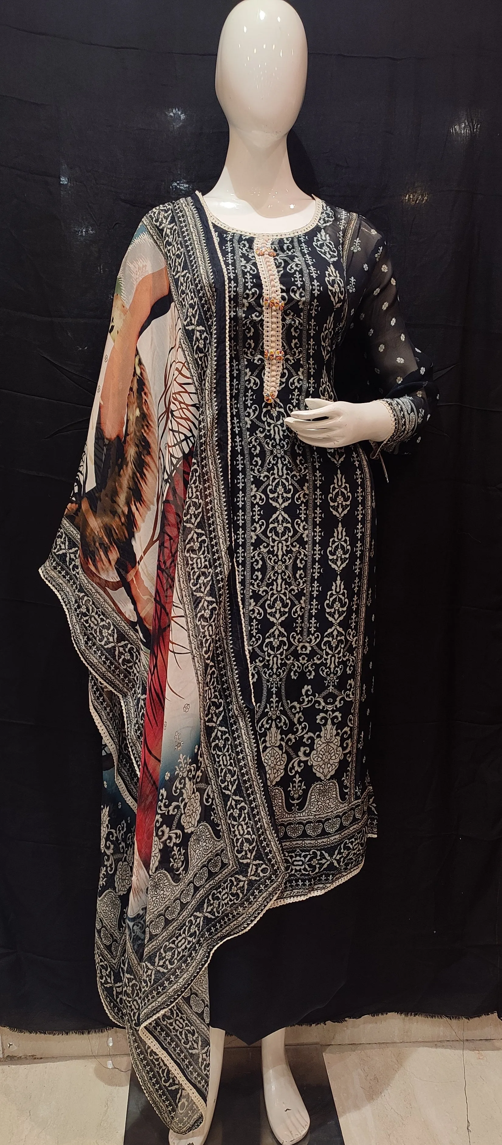 Black Organza Semi-Stitch Suit With Lace Work