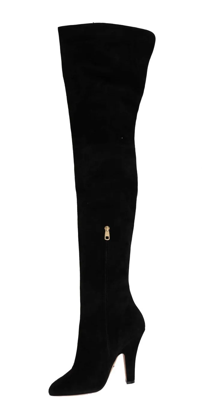 Black Suede Leather Over Knee Boots