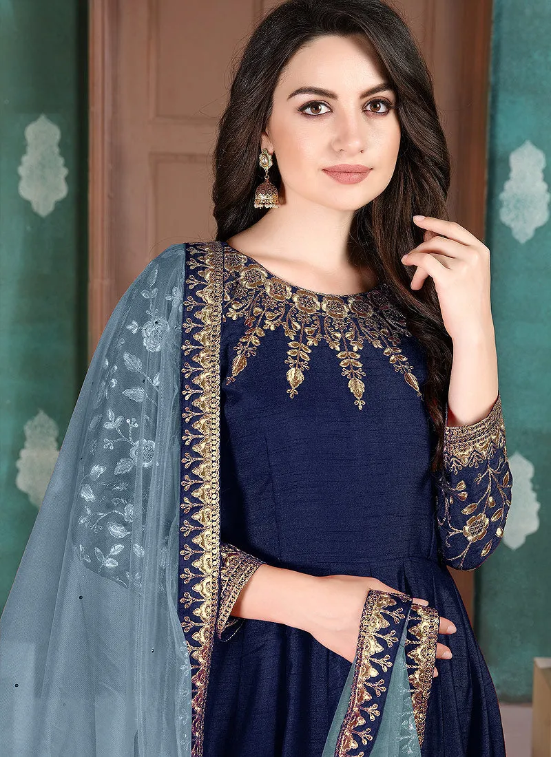 Blue Golden Embroidered Anarkali Suit