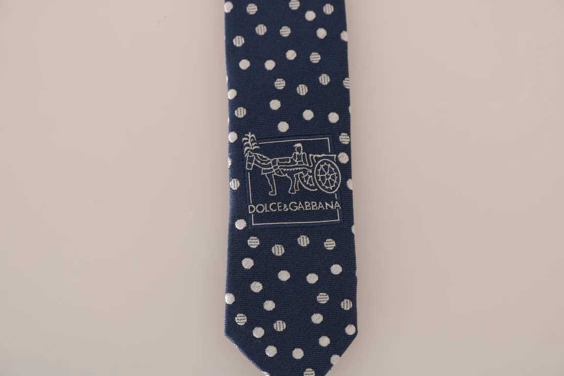 Blue Silk White Polka Dot Print Tie
