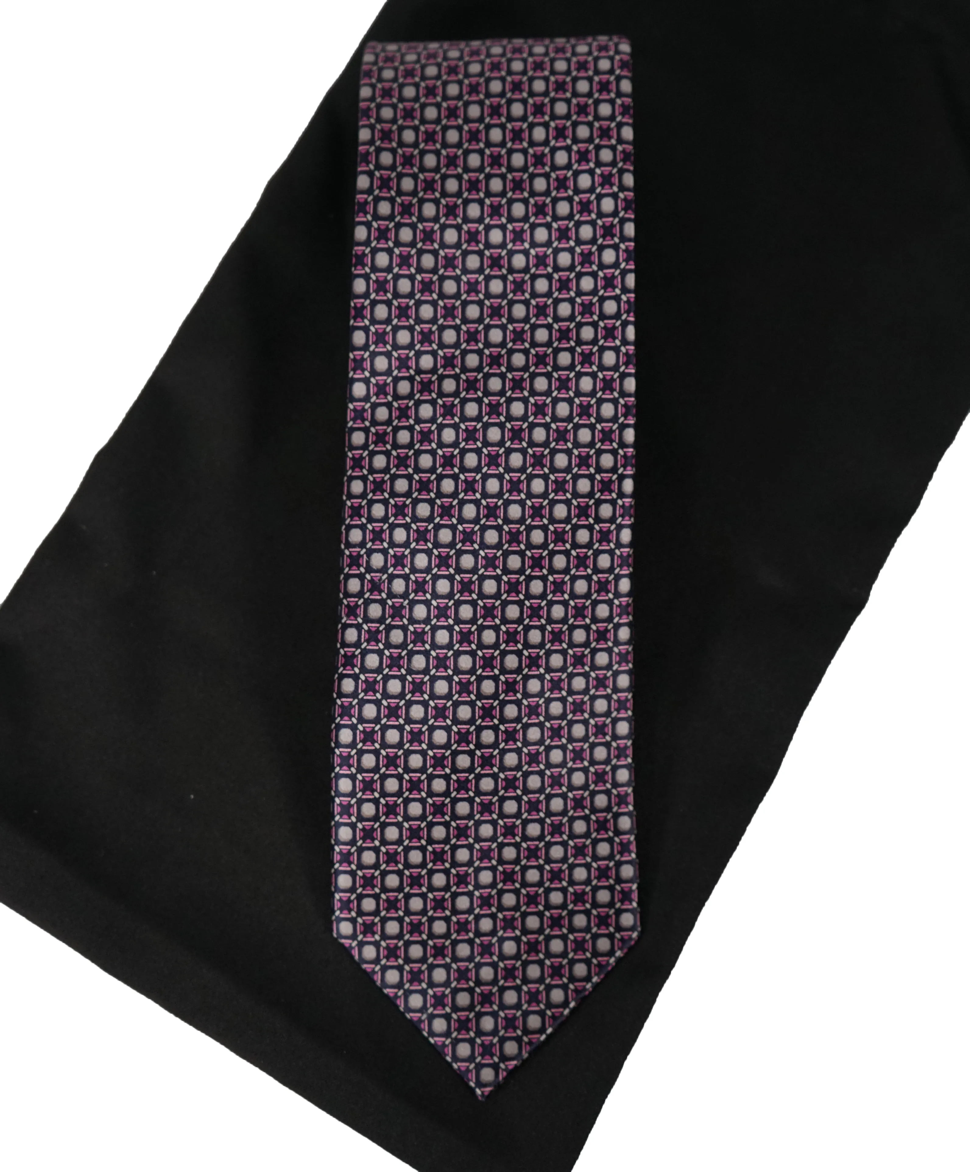 BRIONI - Navy Silver & Pink Geometric Print Tie