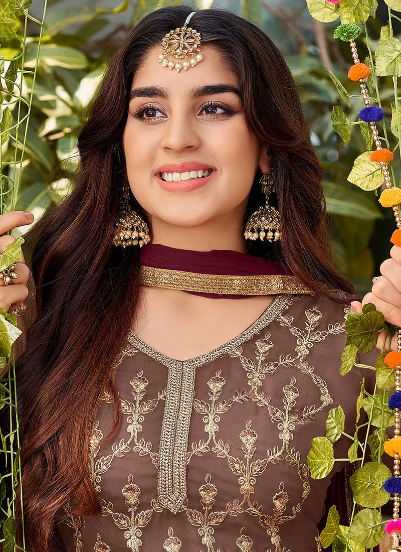 Brown And Maroon Designer Embroidery Festive Palazzo Suit