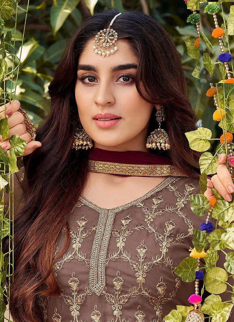 Brown And Maroon Designer Embroidery Festive Palazzo Suit