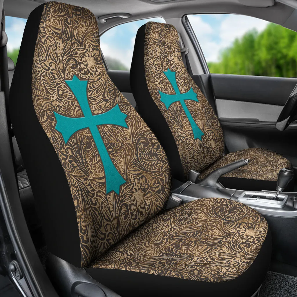 Brown Tooled Leather Design With Turquoise Suede Cross Printed Car Seat Covers Set