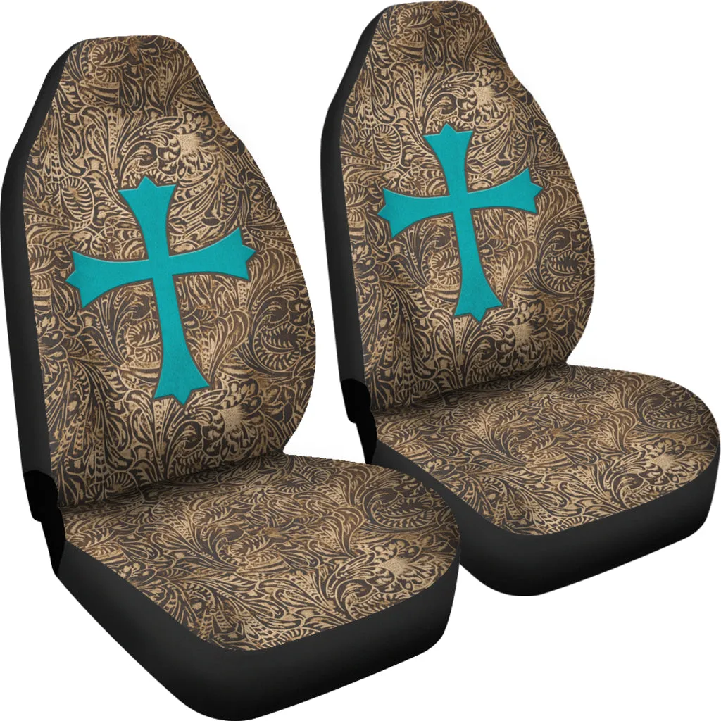 Brown Tooled Leather Design With Turquoise Suede Cross Printed Car Seat Covers Set
