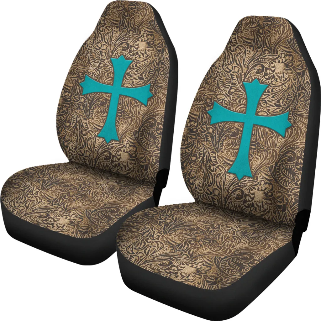 Brown Tooled Leather Design With Turquoise Suede Cross Printed Car Seat Covers Set