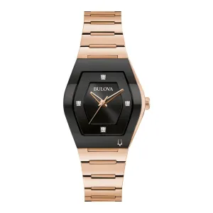 Bulova Gemini Ladies Rose Tone Diamond and Black Dial Watch