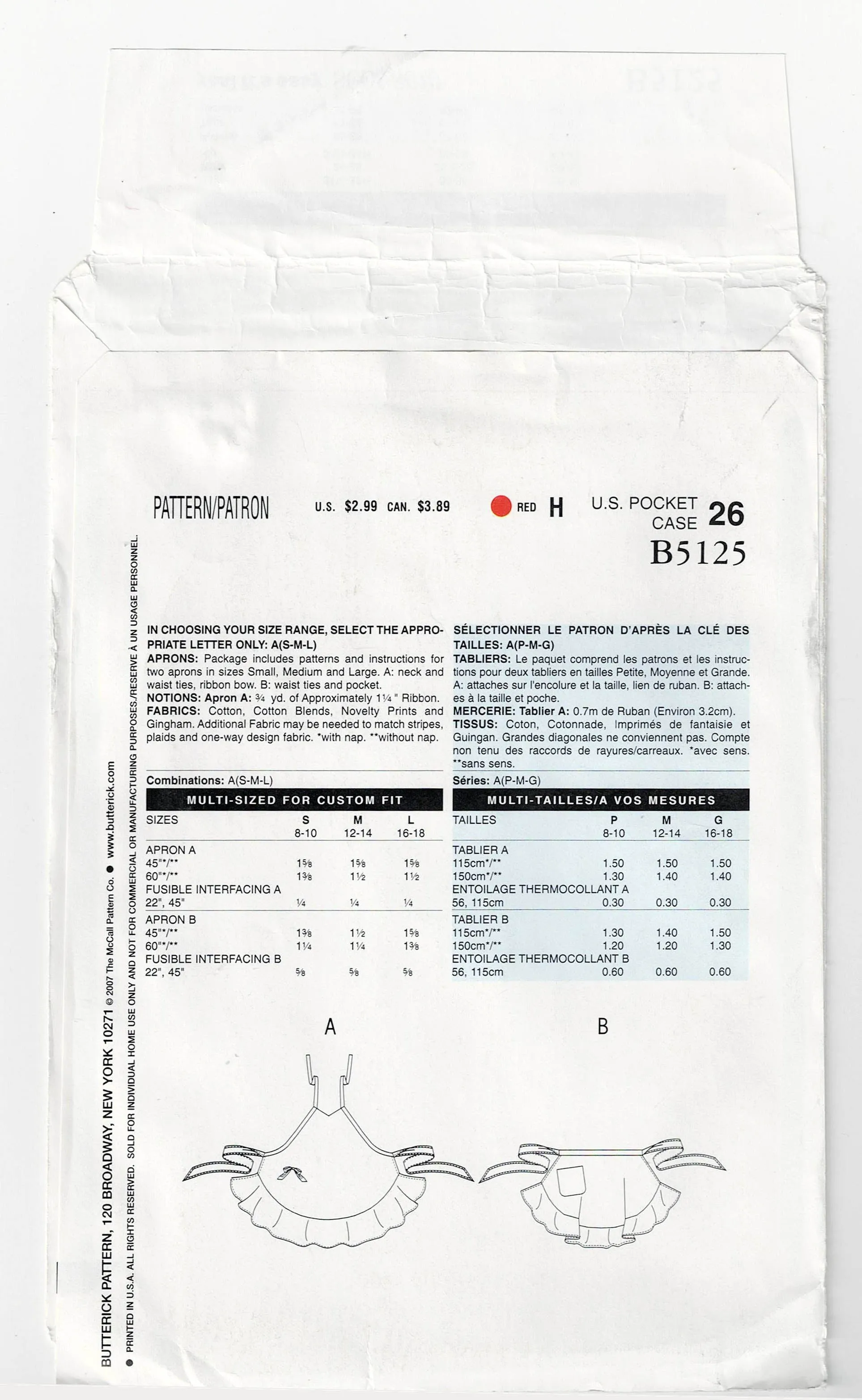 Butterick See & Sew 5125 Womens Ruffled Kitchen Aprons Out Of Print Sewing Pattern Size S/M/L  UNCUT Factory Folded