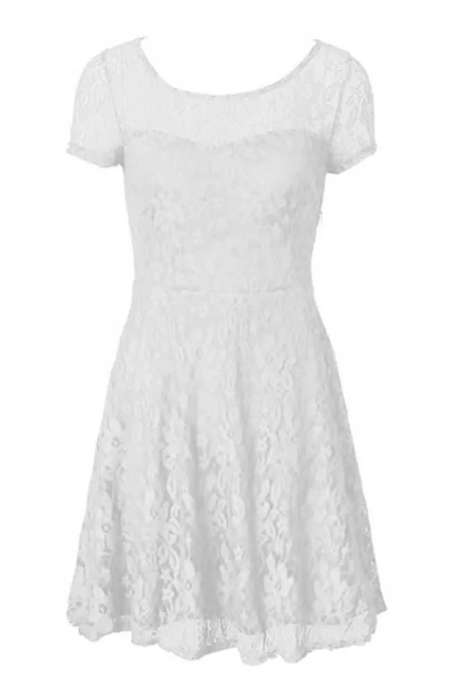 Celino Women Floral Lace Round Neck Short Sleeve Mini Skater White Dresses