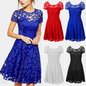 Celino Women Floral Lace Round Neck Short Sleeve Mini Skater White Dresses