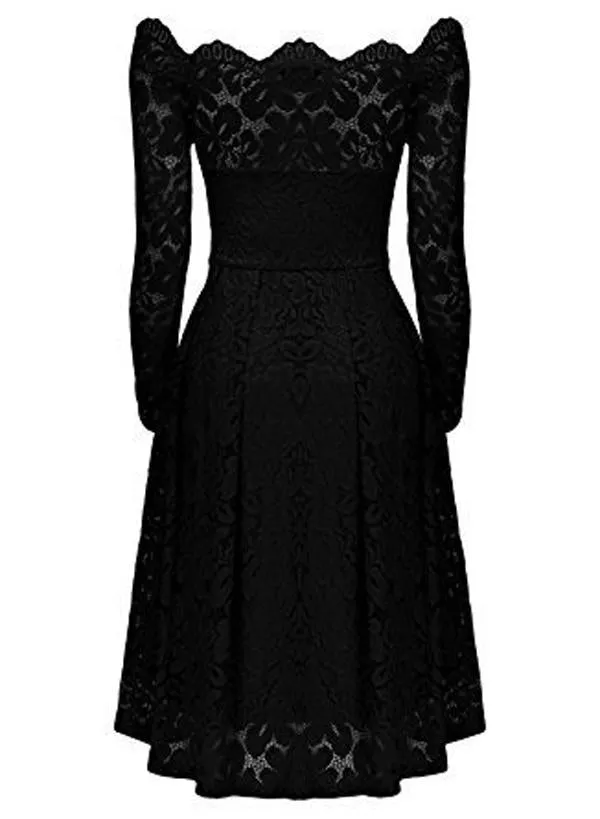 Celino Women's Black Floral Lace Off Shoulder Long Sleeve Skater Dress