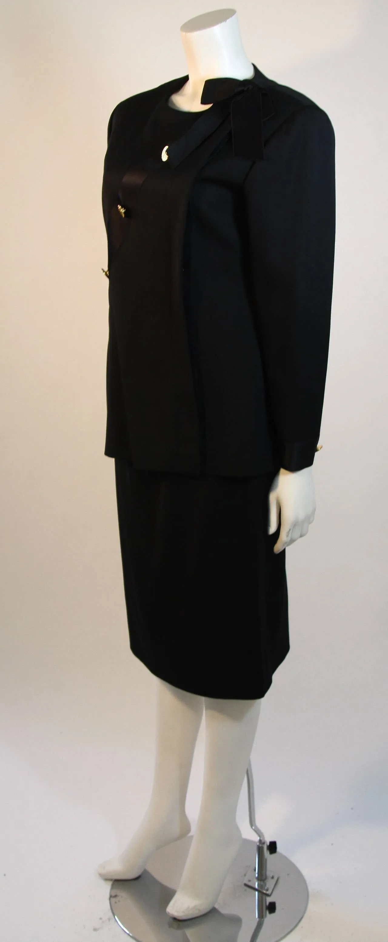 CHANEL 1990s Black Wool Silk Ribbon Jacket and Skirt Suit