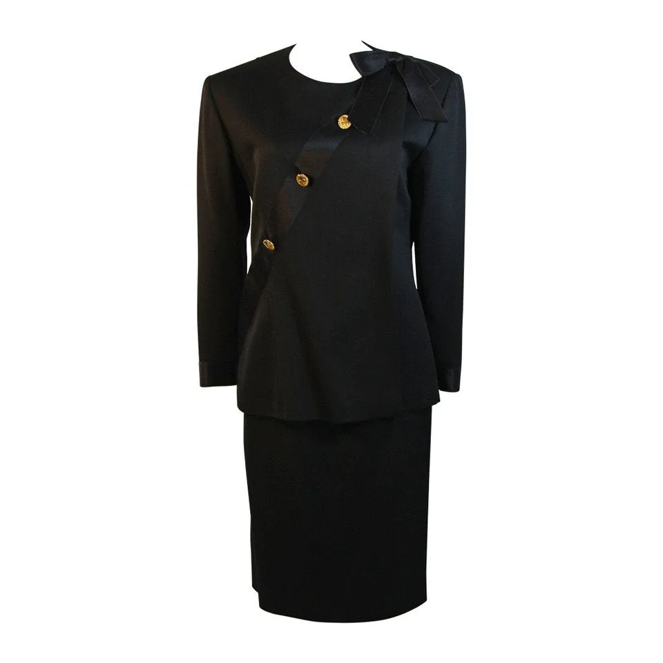 CHANEL 1990s Black Wool Silk Ribbon Jacket and Skirt Suit