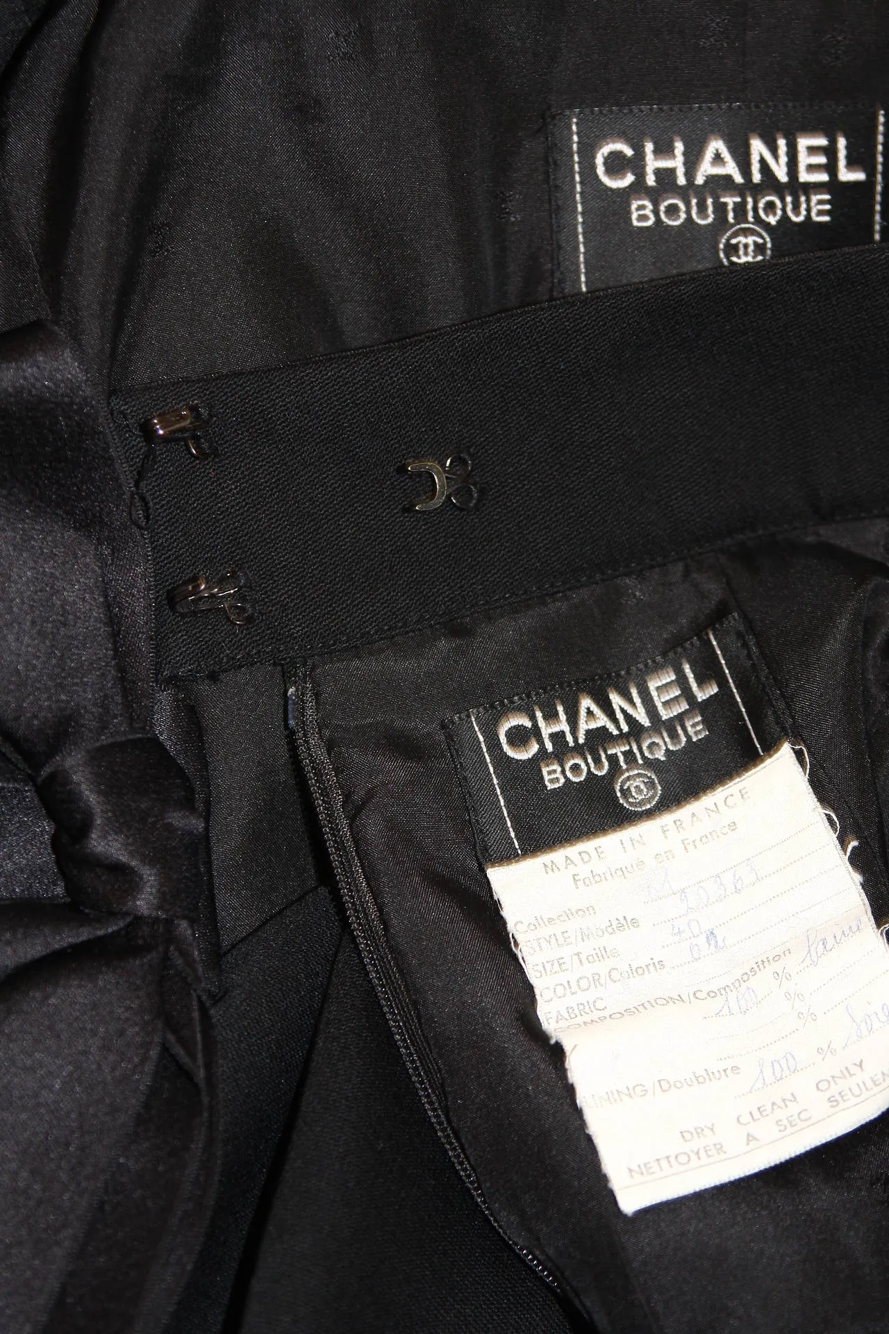 CHANEL 1990s Black Wool Silk Ribbon Jacket and Skirt Suit