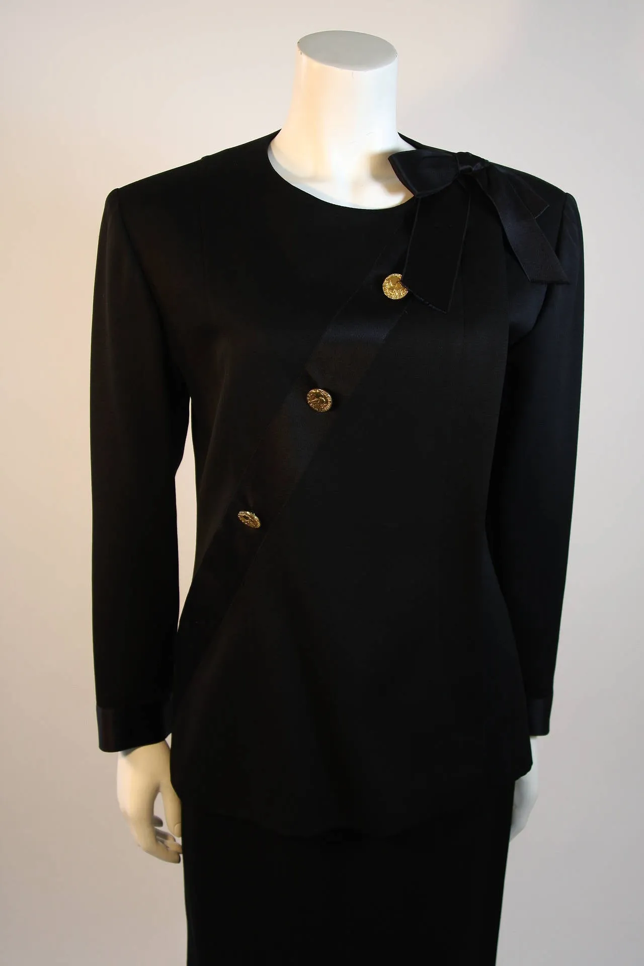 CHANEL 1990s Black Wool Silk Ribbon Jacket and Skirt Suit