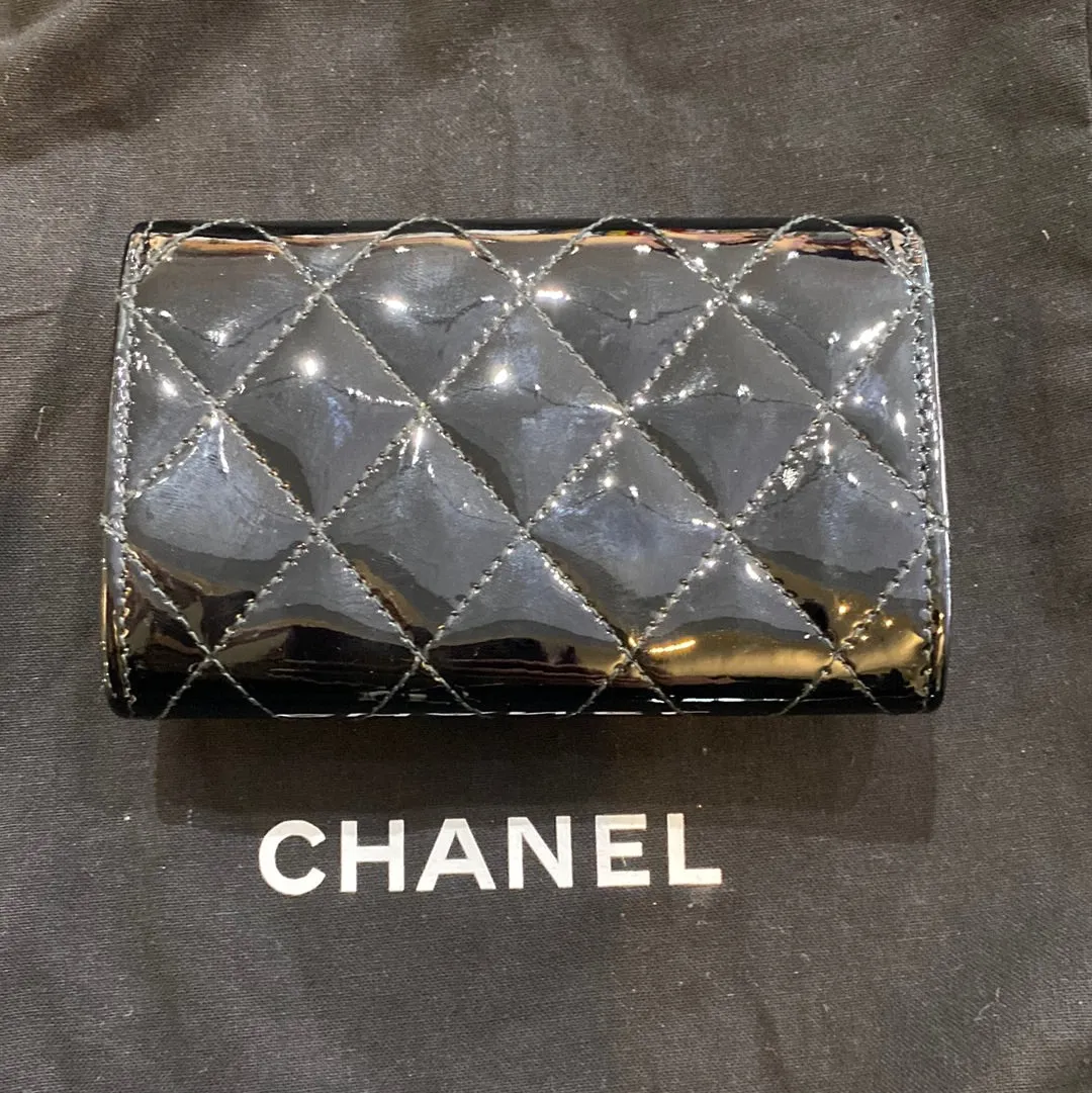 Chanel Black Patent Leather Quilted Card Case