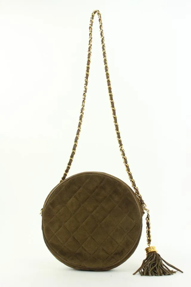 Chanel Brown Quilted Suede Fringe Tassle Round Clutch with Chain Bag 16ccs120