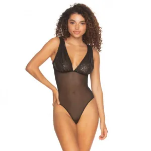 Covet Sequins and Mesh Thong Back Bodysuit - Black -